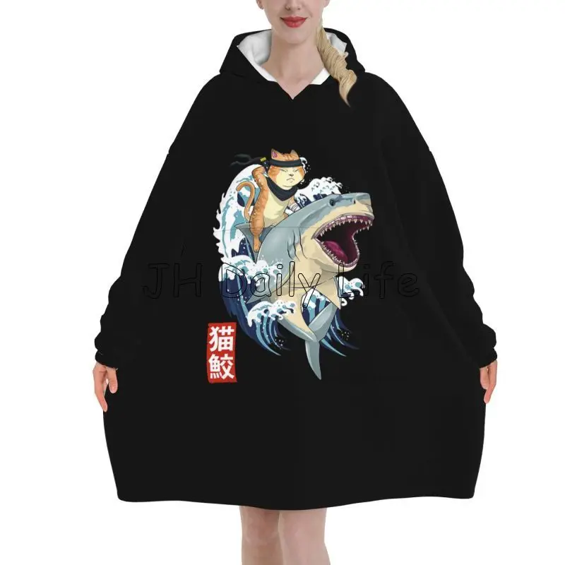 Retro ninja japonská mačka žralok žralok Kanagawa prikrývka kapucňa Ženy Nositeľné nadmerne nadmerne pullové mäkké teplé fleece prikrývky s vreckami