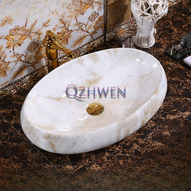 Retro oválna keramická imitácia Washbasin Imitácia mramorový vzor kúpeľne umývadla štvorcová umenie umenie s faucetovou setou 490*340*150 mm