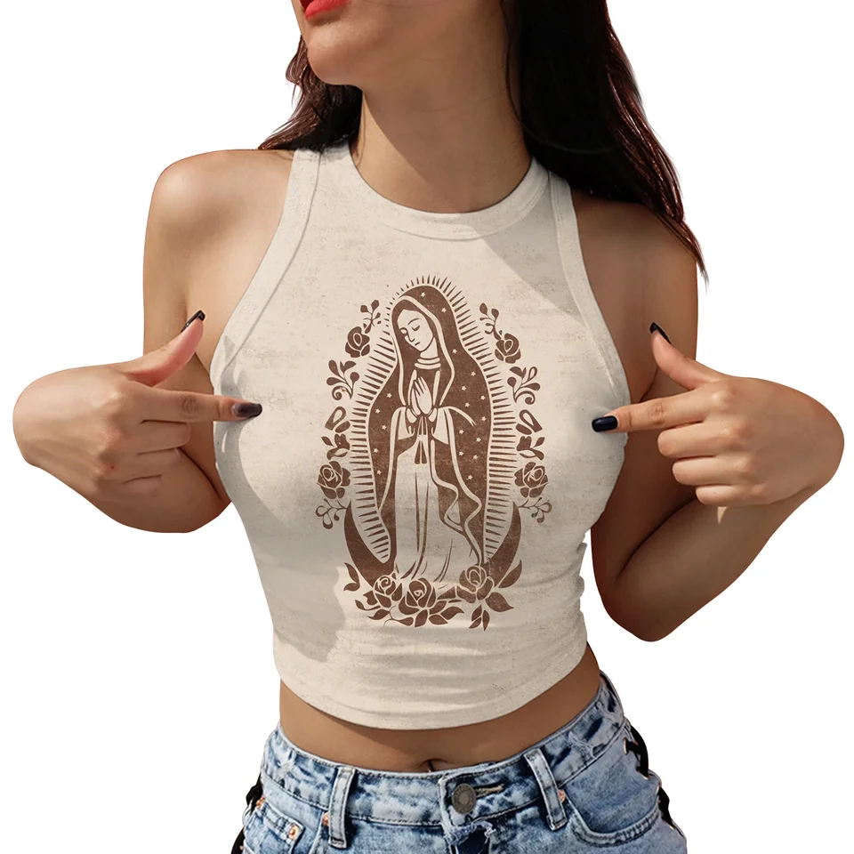 Retro Panna Mária Matka Boha Guadalupe Grafická 3D tlač ženskej vesty pre ženy Dámske oblečenie Žena Denne opotrebovanie Touch Tops