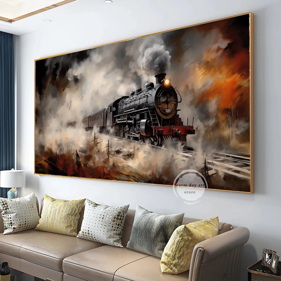 Retro parné lokomotívne plátno maľba Vintage Vintage v hmlovom lesnom plagáte tlač Wall Art Picture Restaurant