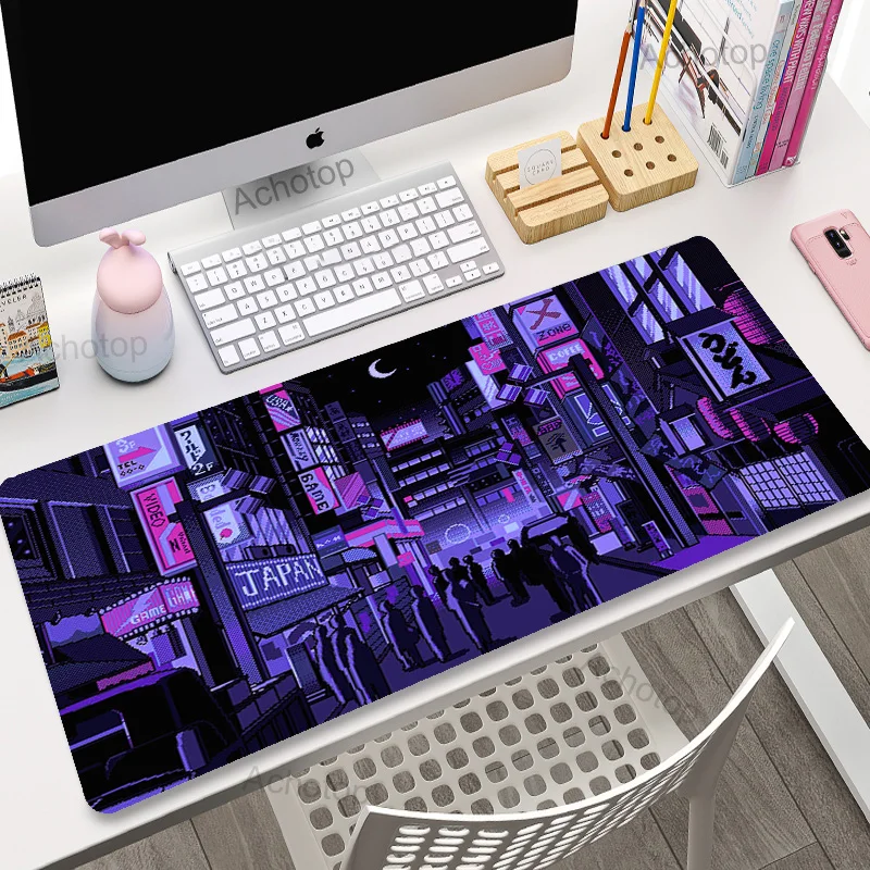 Retro parné vlnové myš MousePad Gamer Neon Tokyo Street Pixel Art Purple japonský anime City Desk Mat XXL Gaming Mouse Pad Viac veľkostí