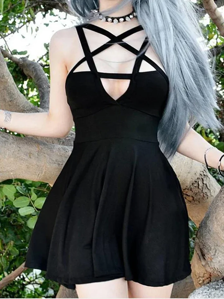 Retro pentagram popruh gotické šaty 2024 Nové ženy punk grunge sexy A-line Dark Letné šaty Horúce predajné skladanie Slim Street Style
