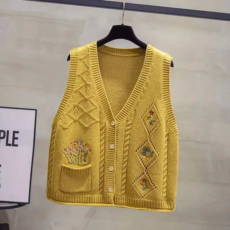 Retro pletené rukávy bez rukávov kabáty dutina z pletenej vesty Žena Outwear Jeseň výšivka sveter