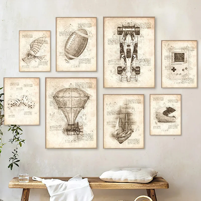 Retro plátno maľba nástenné umenie da vinci inšpirované náčrtky bicykel teleskop ragby plagát tlač do obývacej izby