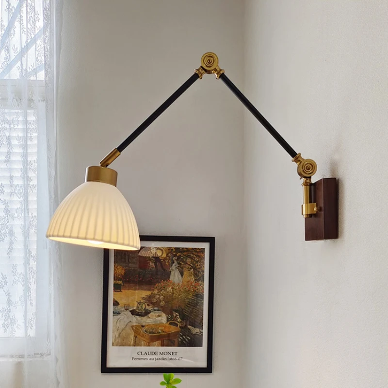 Retro priemyselný štýl zasunuteľný dlhý stĺpový stenový lampy orechový orech keramický rocker lampa spálňa lôžko na čítanie nástenných svetiel