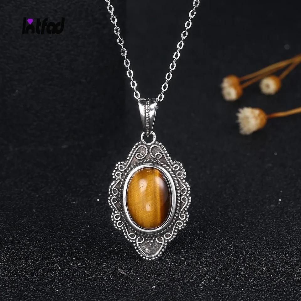Retro prírodný Tiger Eye náhrdelník Prívesok 925