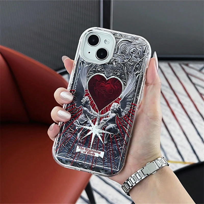 Retro Red Love Aurora Cupid Angel Case pre iPhone 15 14 13 Pro Max Európsky klasický reliéf obal Luxury Shell náboženstvo puzdro