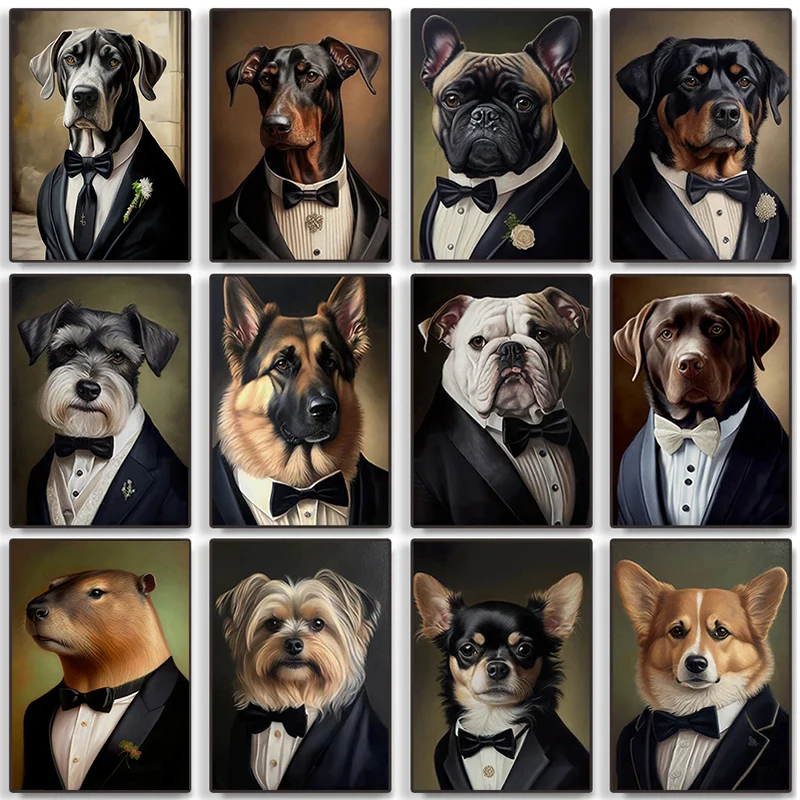 Retro rotvajler Husky Shepherd Bulldog Yorkshire jazvečko psa v smokingu na plátne maľby nástenné umelecké obrázky domáca izba dekor