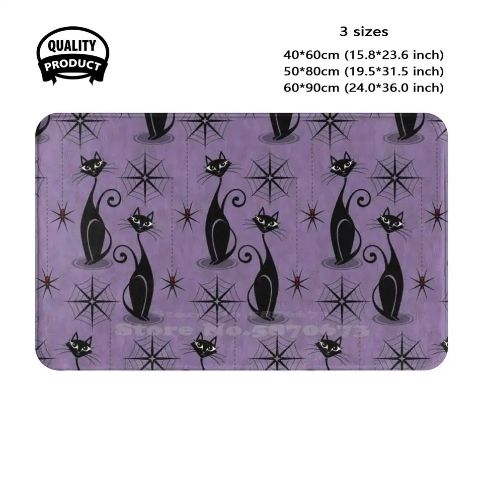 Retro Spooky Meow - zúfalé fialové mäkké vankúše domáce koberce dvere koberec koberec Čierne mačky elegantné mačky pavúky pavúky