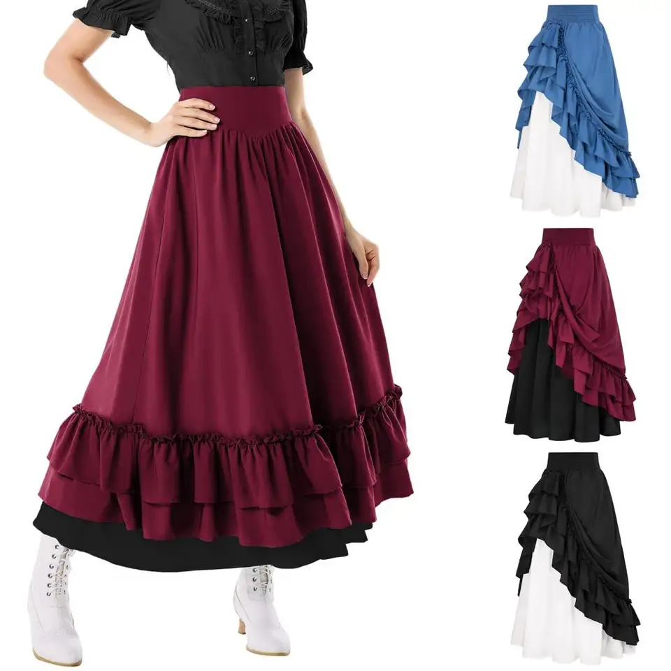 Retro stredoveké gotické ženy sukňa sukňa s vysokým pásom nepravidelný rufový hem viktoriánske šaty Lady maxi