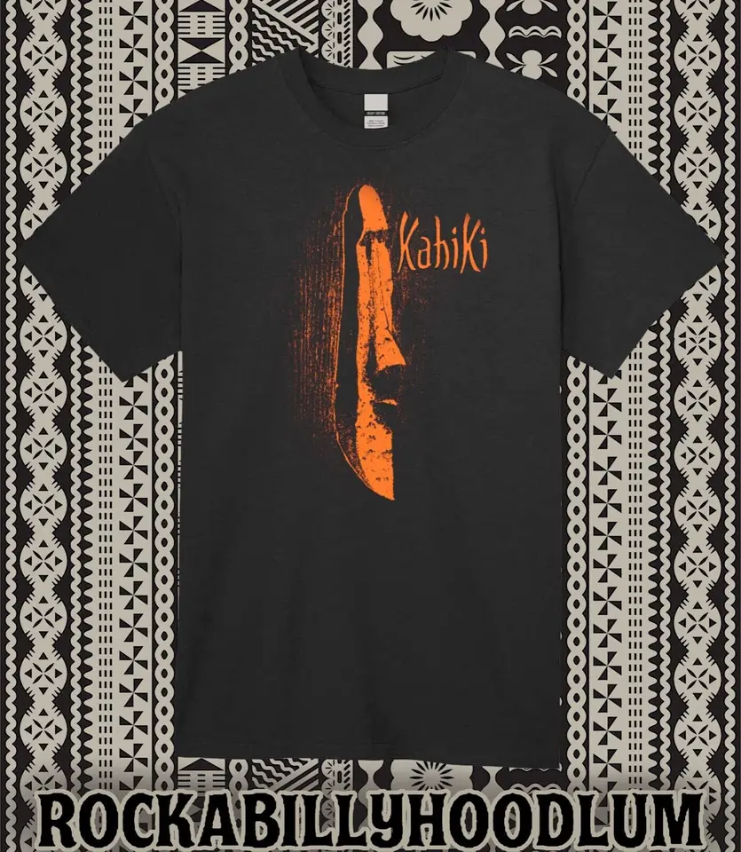 Retro tiki T tričko čierny bavlnený bar hrnček reštaurácia Kahiki moai oranž
