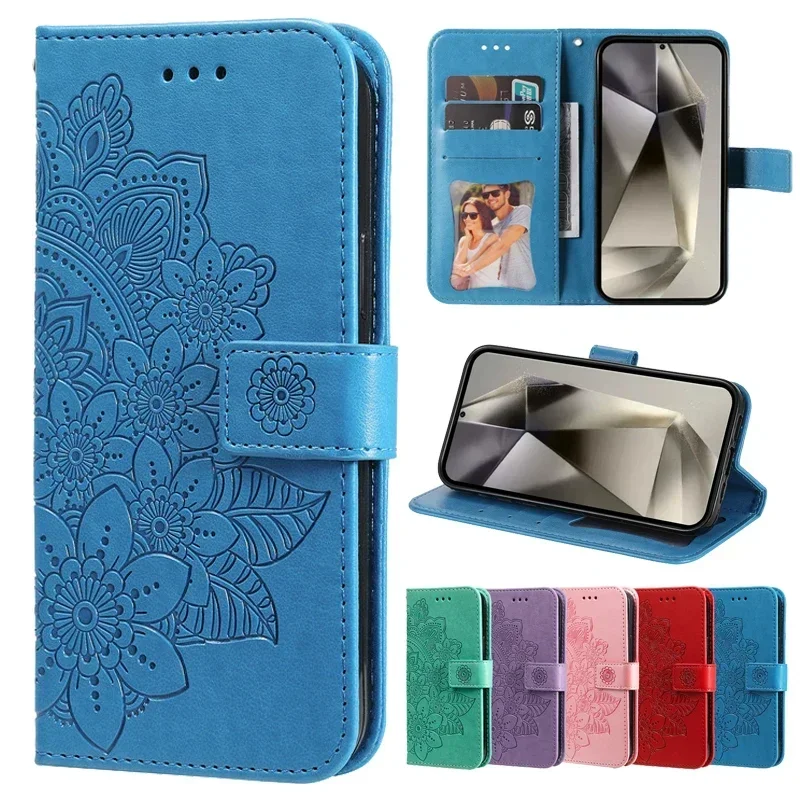Retro Totem Sun Flower Wallet Leather puzdro pre Samsung Galaxy A36 A26 A56 A16 5G A06 4G Magnetic Flip Cover Card Slot 2025