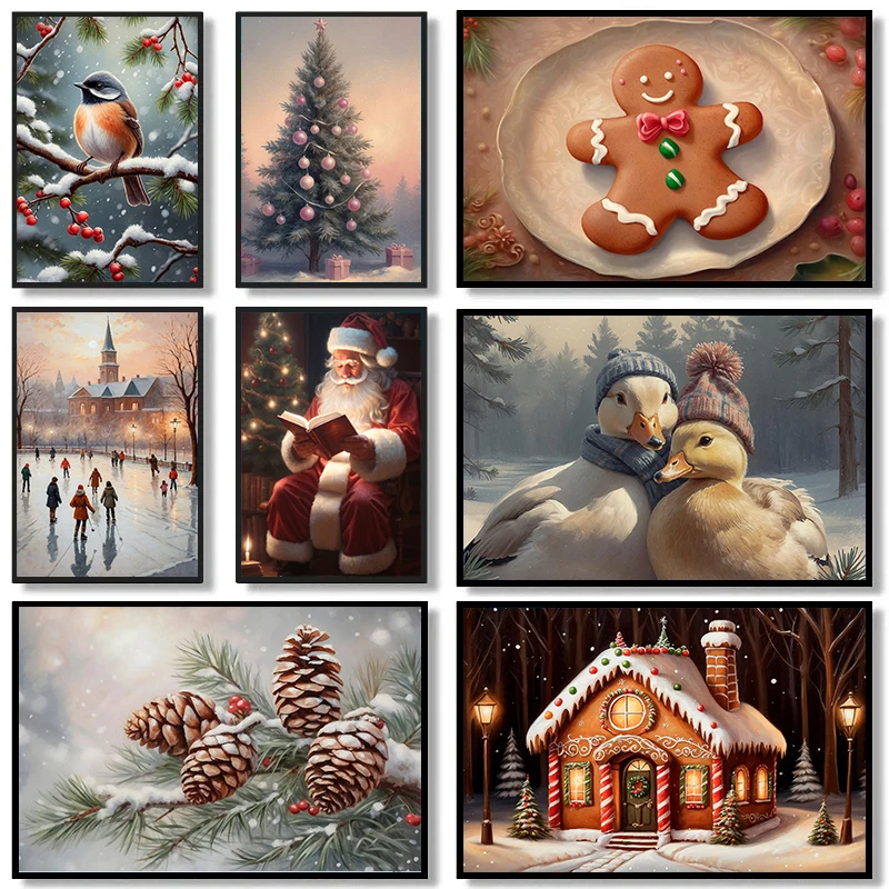 Retro vianočný perník zimné zasnežené zasnežené plagáty a výtlačky Santa Claus