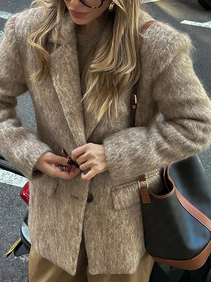Retro vlnené gombíky Cast Coats Women Cast Loose Otočenie obojku Šedý kabát Lady Jeseň Zimná klasická elegantná ulica Outwear