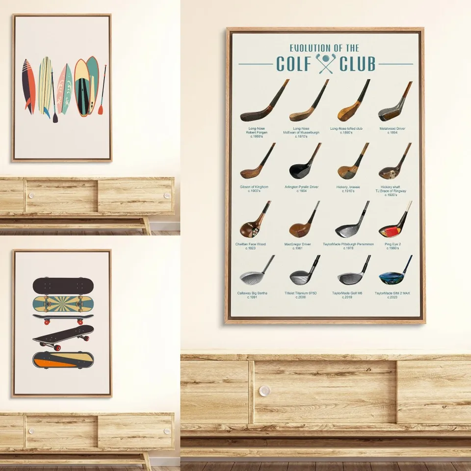 Retro výtlačky Moderné minimalistické koníčky nástenné umelecké obrázky golfové klub skateboardy surfy