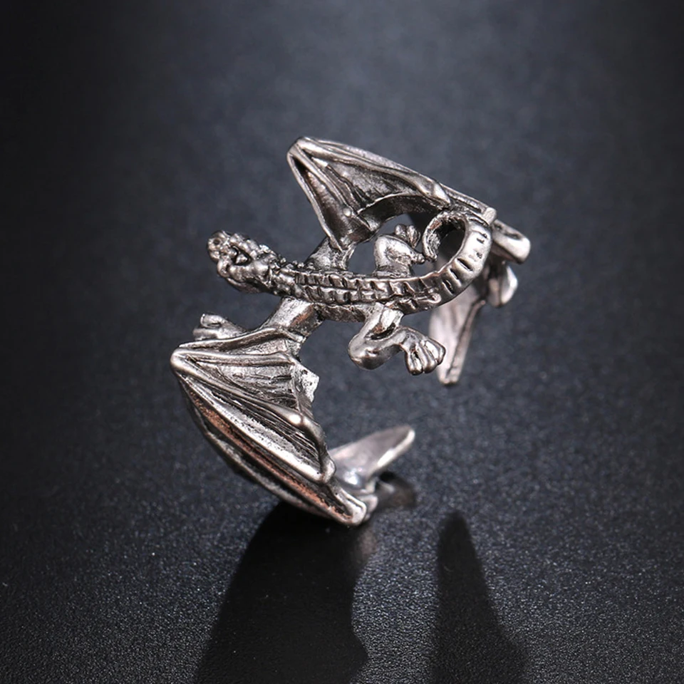 Retro z nehrdzavejúcej ocele Bat Lizard Ring Gothic Pterodactyl Silvery Hip Hop Open Nastaviteľné prstene pre mužov