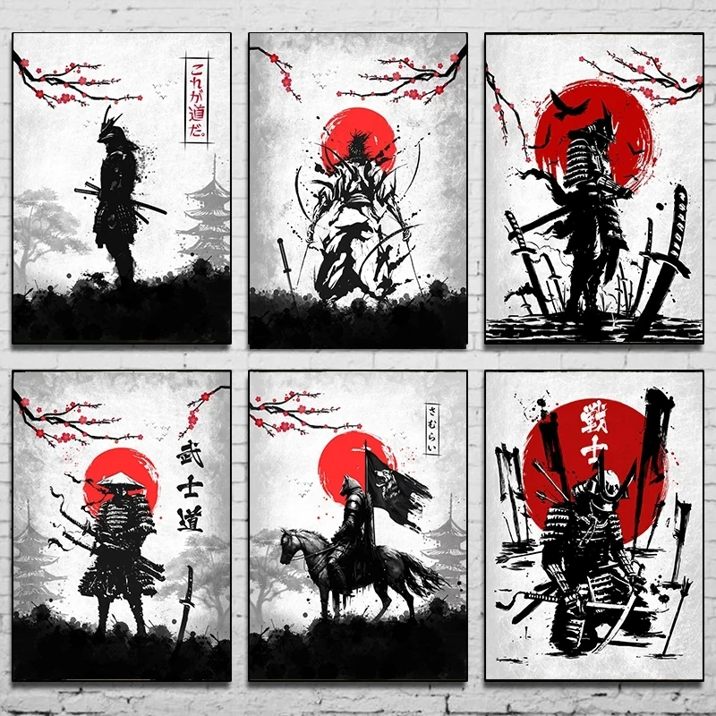 Retro čiernobiele japonské japonské samuraj plagát plagát nástenné umenie výzdoba plátno pre obývaciu izbu umenia nástenná domáca dekorácia