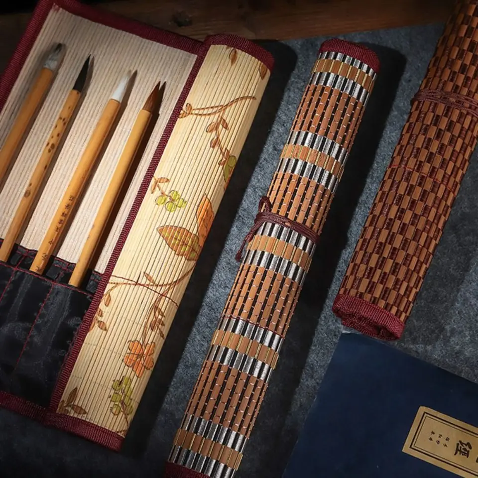 Retro čínsky štýl maľba kefy držiteľ kaligrafie Pen Case Case Case veľkú kapacitu bambus roll up vrecko pre umelecké potreby