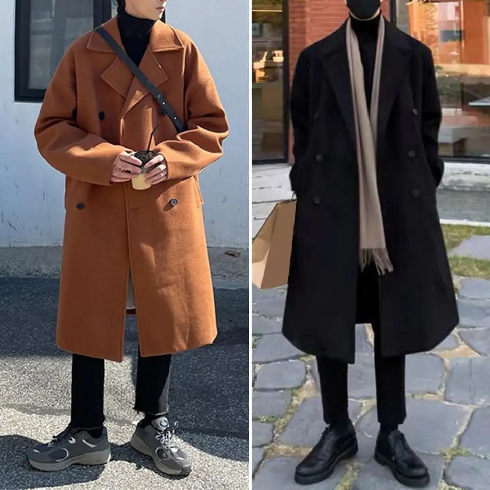 Retro štýl veterné vinobranie vintage dvojriadený vlnený kabát pre mužov s dlhým rukávom s dlhým rukávom, ktorý prechádza retro štýl strednej dĺžky