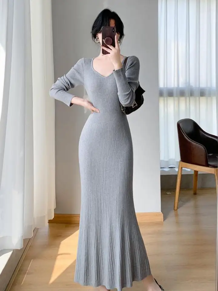 Retro ženy sivé elegantné štíhle tenké obaly s dlhým rukávom Hip pletené šaty jesenné zimné francúzske čierne béžové béžové festivaly festival rybárske šaty