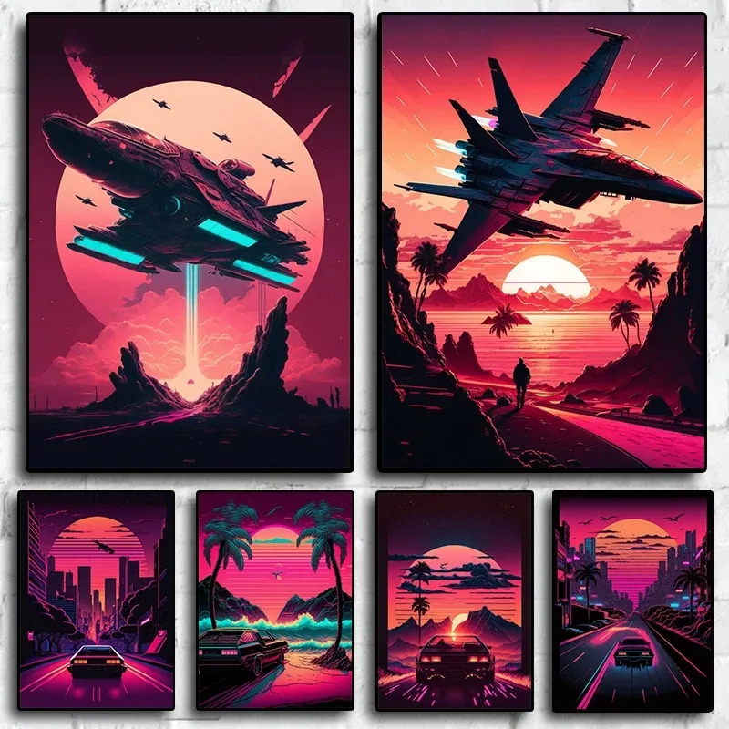 Retrowave štýl 80. rokov retro neónová kozmická loď auto estetické umenie domáca stena dekora