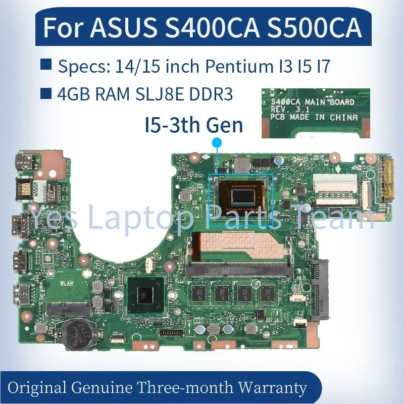 Rev.3.1 pre ASUS S400CA S500CA NAPOJECKÁ KAZIDA NÁKLADNÁ RAM RAM 4 GB PENTRUM I3 I7 SLJ8E DDR3 Notebook Testovaná základná doska