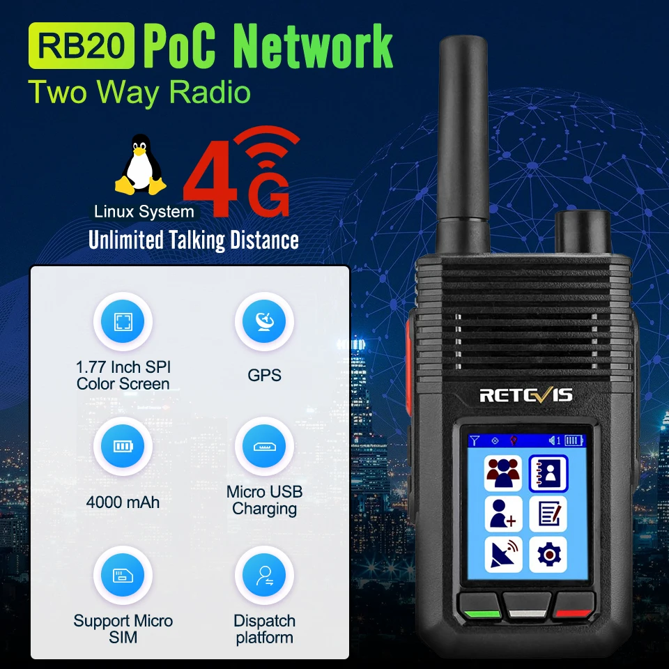 Revivis RB20 Network Walkie Talkie 4G POC PTT Network Two Way Radio Support LTE FDD/WCDMA/GSM SIM SIM SMARTPHEL DLHODOBÝ Hovor