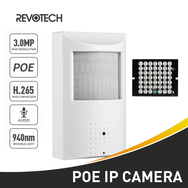 RevoTech IP Camera Audio 940nm PIR LED INDOOR H.265 POE 3MP SACIONAL CCTV SYSTÉM VIDEO SCREVEILANCE HD CAM P2P