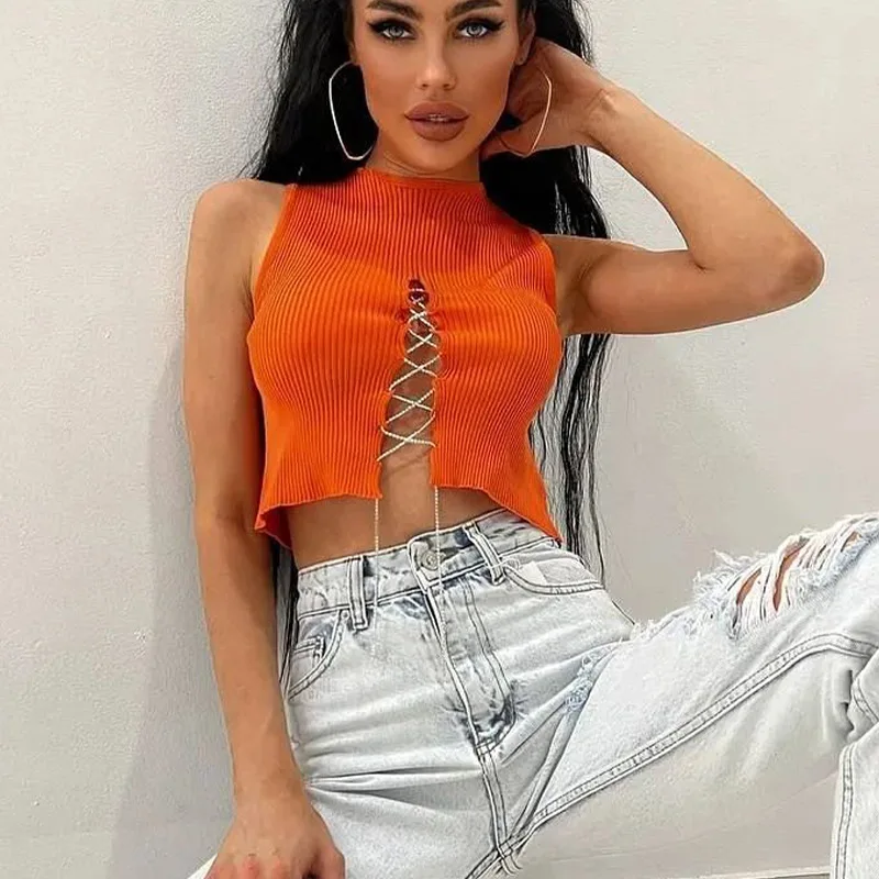 Reťazová vesta pre ženy, európske a americké jarné a letné sexy nočný klub tesný pletený vrch, dámska vesta