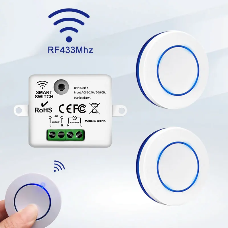 RF 433 MHz prepínač bezdrôtového svetla 220V 110V 10A RELE RELEPLE OVLÁDACIE MINIO ROUND PRÍSLUŠENIE PANEL