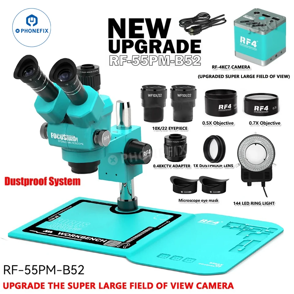RF4 6.5-55X 4K HDMI USB fotoaparát Trinokulárny stereofónny mikroskopový telefón PCB Spájnutie Opravy mikroskopia RF-55pm-B52 s silikónovou podložkou