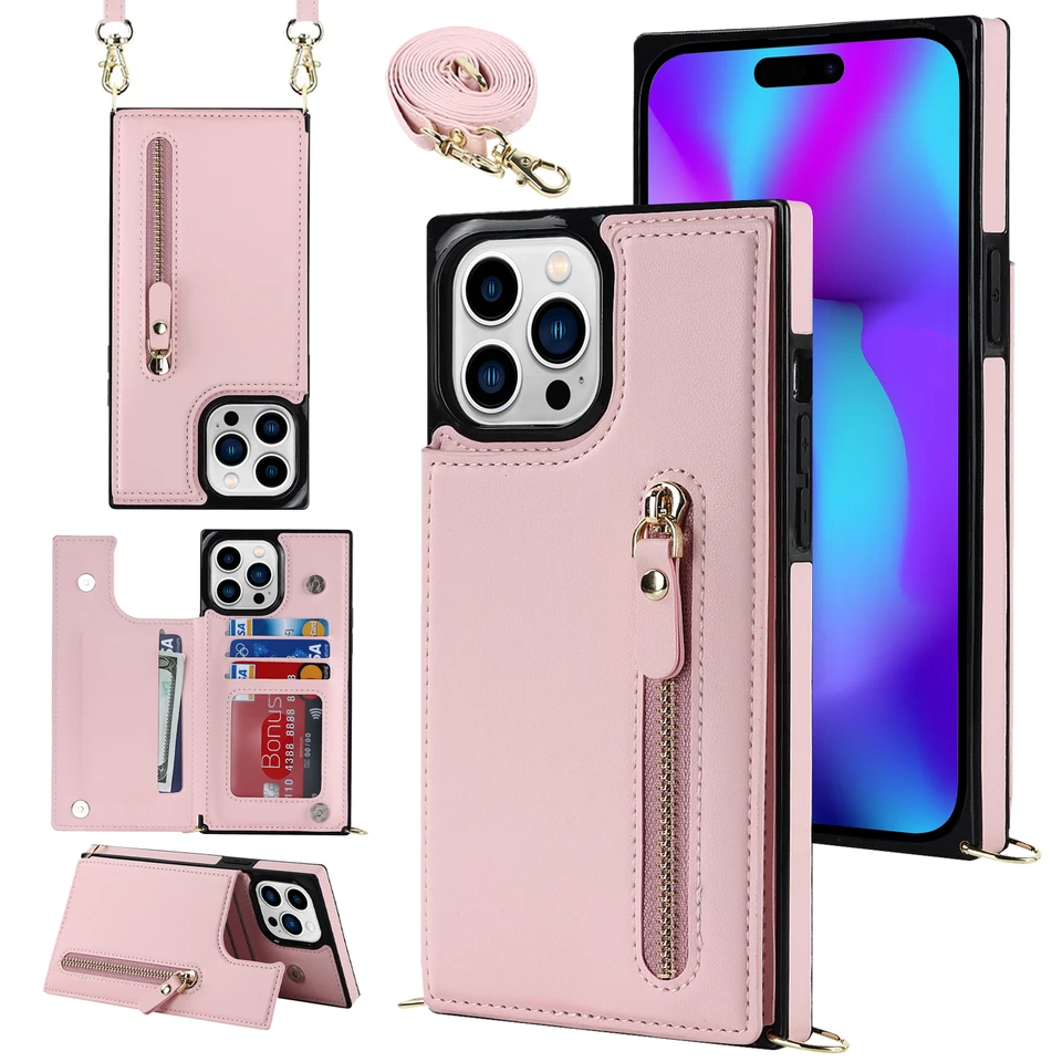 RFID Zipper Wallet Lanyard Cards Solt Leather puzdro pre iPhone 15 14 Pro Max 13 12 Mini 11 x xr xs 7 8 plus popruhový krížový kryt