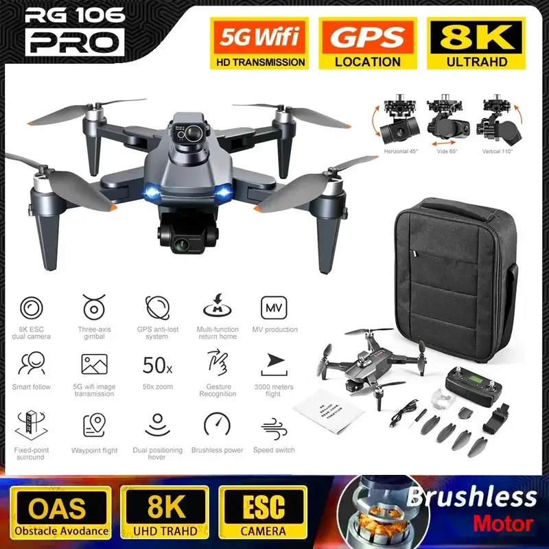 RG106 PRO DRONOVÝ SKLADA PROFESIONAL 8K HD DUAL CAMOAN s GPS WIFI so širokouhlým uhlom FPV v reálnom čase RC Vzdialenosť 2 km hračky