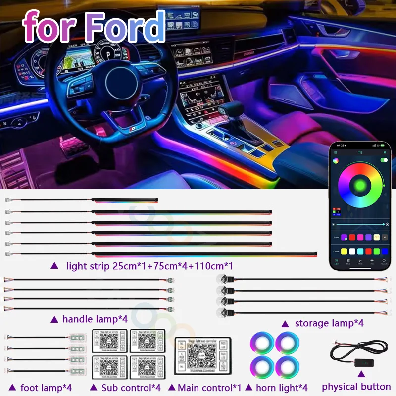 RGB 22IN1 Vnútorné auto Akrylové autokonálne svetlá pre Ford Focus 4 2 1 3 MK4 MK2 MK1 MK3 SLETICKÉ PRÍSTUPY STREPY PRÍSLUŠENSTVO