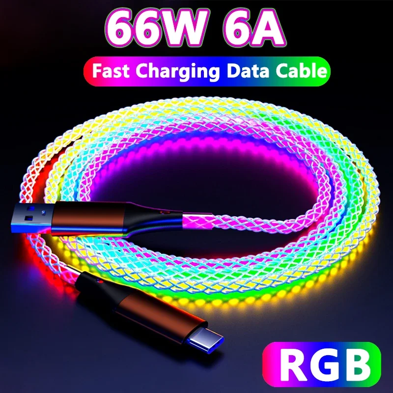 RGB 66W 6A Rýchle nabíjanie USB typu C Kábel farebná prúžka žiariaca čiara pre Samsung Xiaomi Redimi Huawei nabíjačka USB C kábel