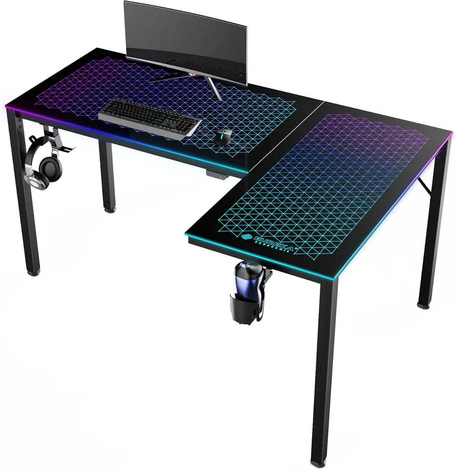 RGB LED svetlá 60 palcov L v tvare reverzibilného čierneho skla Gaming Desk Domov Office počítačový stôl GTG L60