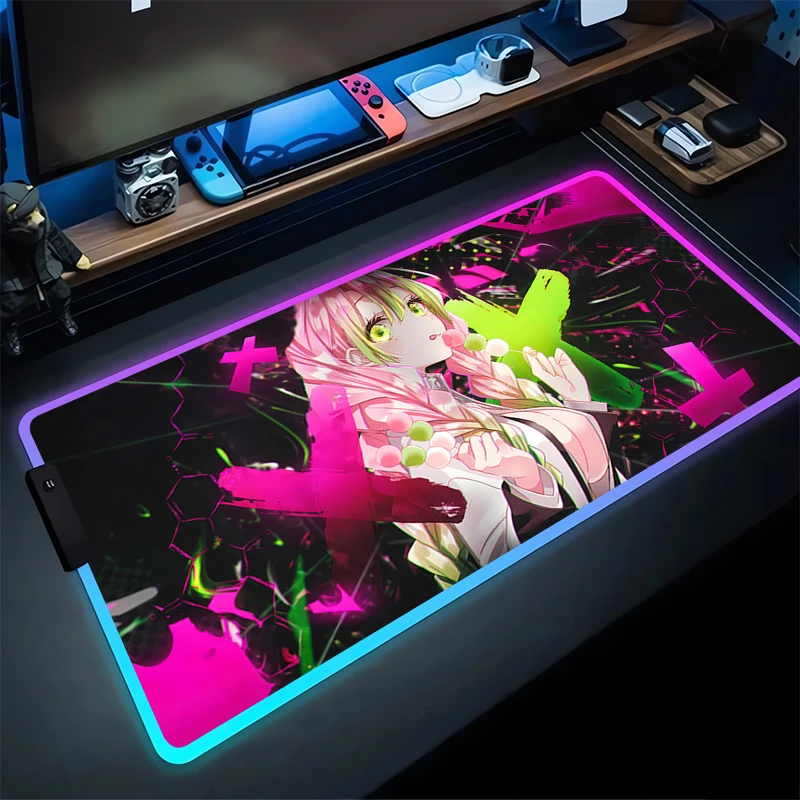 RGB Mouse Pad Dem-Demon S-Slayers Non-Slip Gum Gume Edge Locking MousePads Game Play Mats Notebook Počítač Kanroji Mitsuri Decor