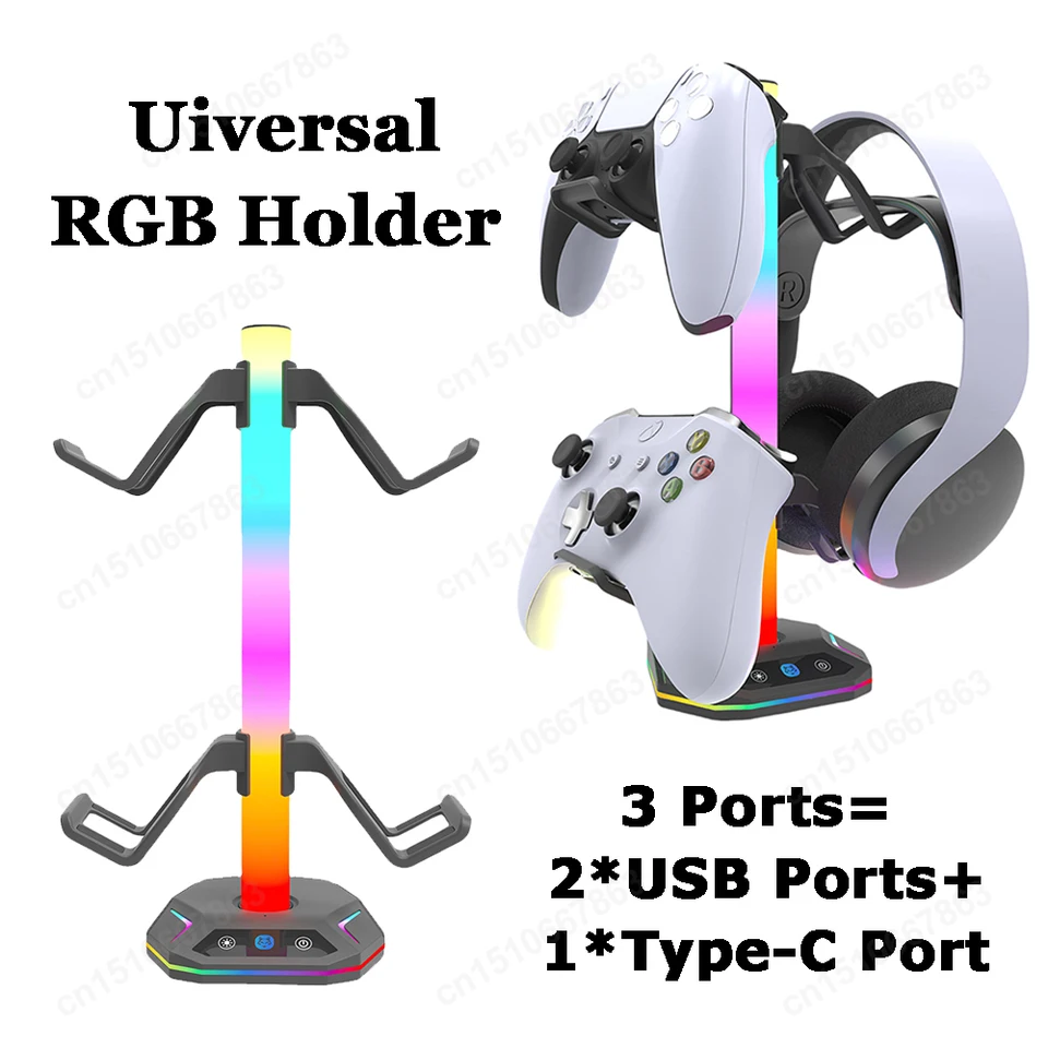 RGB náhlavný stojan s 9 ľahkými režimami držiaka ovládača hry s USB +nabíjanie typu C +USB Data Ports Gamepad Hanger