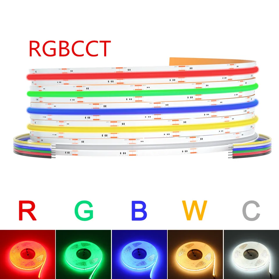 RGBCCT RGBW COB LED pásik 12 mm 840LEDS Vysoký jasný DC 24V stmievateľné LED svetlá s vysokou hustotou Flexibilná svetlá páska pre dekoráciu miestnosti