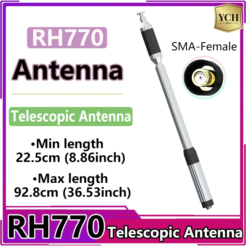 RH770 Anténa Teleskopická letecká letecká letecká letecká letectvo SMA-Female Dual Band 144/430MHz Vysoký zisk pre BAOFENG UV-5R UV-25 20W Walkie-Talkies Accessories