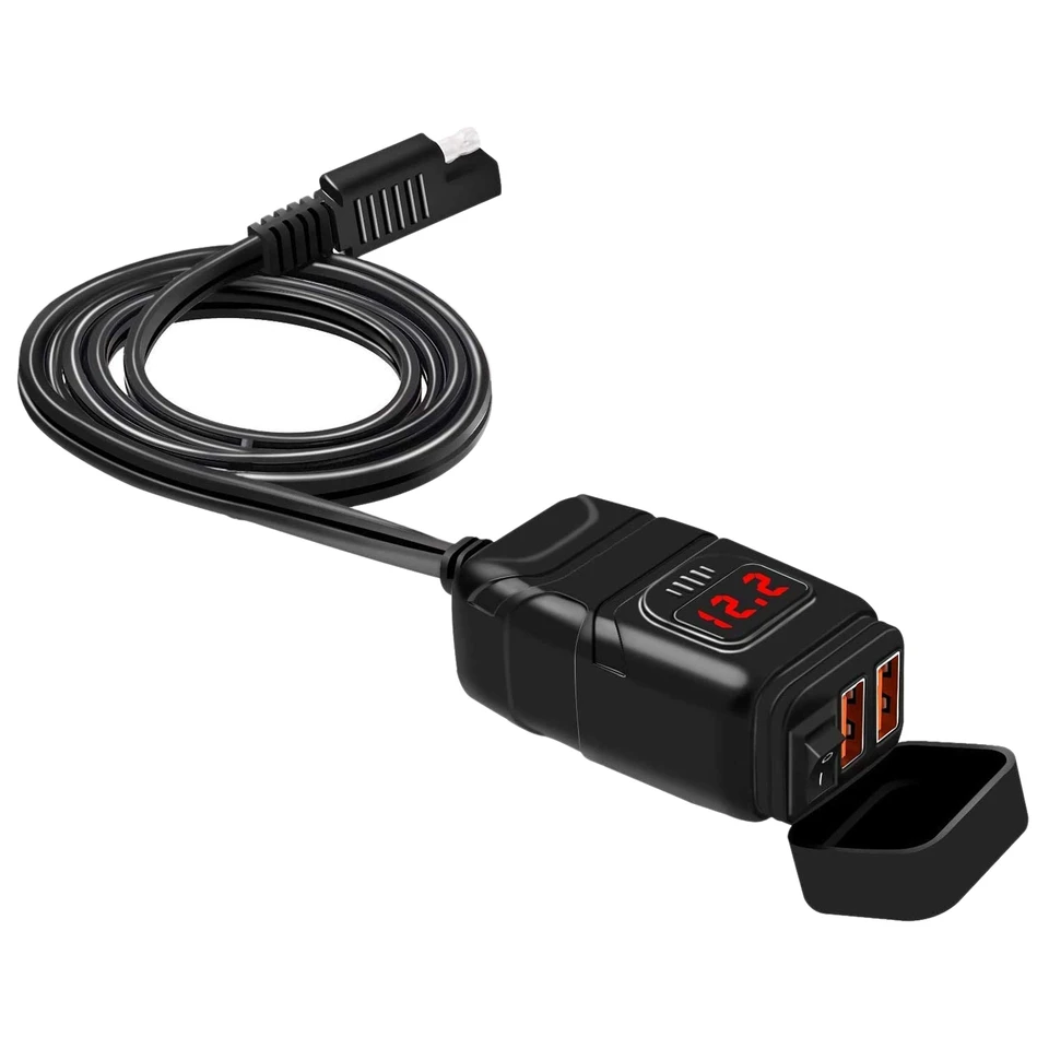 Riadidlá na motocykle 12v SAE Dual QC3.0 USB nabíjačka na nabíjačku s voltmeterom, duálna USB super rýchla nabíjačka (červená