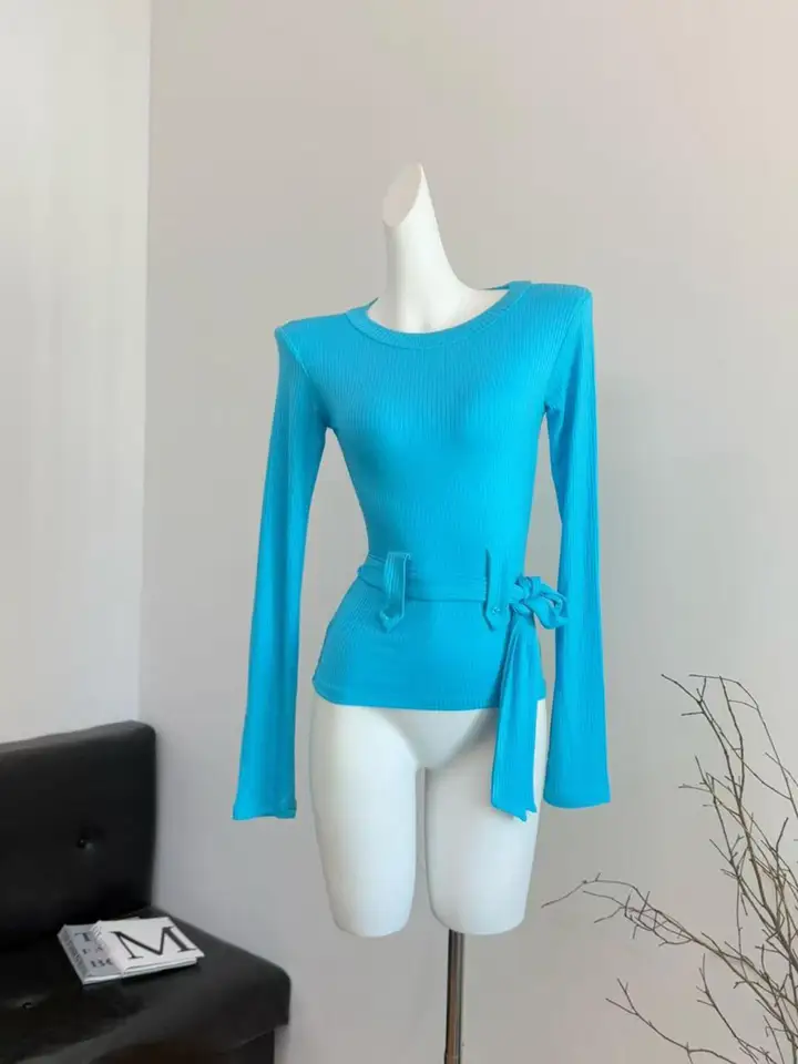 Ribotované tkané modré tričko Ženy posádka krk pásová textúra Skinny Fashion Full Ruckve Nový príchod odpaliská dizajn y2k sveter
