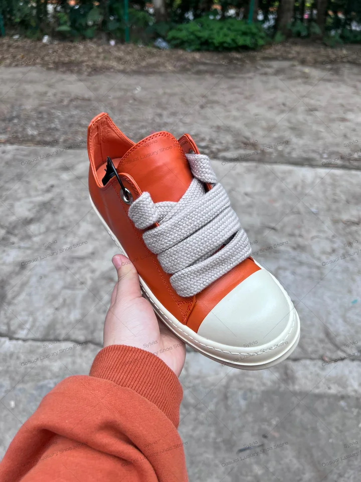 Ricks Classic Design Husté šnúrky oranžové cowhide nízke top mužské topánky Dámske šnurovanie Owens Príležitostné ploché nekĺzanie tenisiek Ručne vyrábané topánky