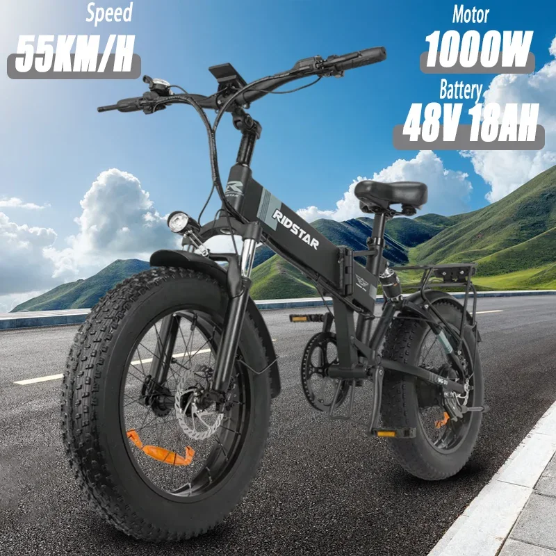 Ridstar H20 Skladacie elektrické bicykel 1000W Motor 48v23AH Skrytá lítiová batéria Ebike 20-palcová tuková pneumatika All-Terrain Electric Bike Bike