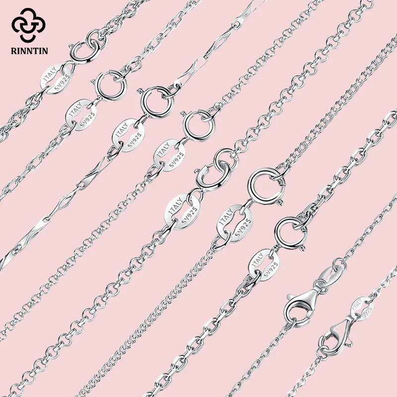 Rinntin 925 Sterling Silver Basic Dámsky reťazec krku kábel bambus skrútená reťaz móda bočné korálky krabica retiazka Náhrdelné šperky