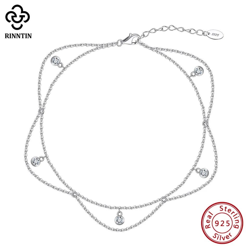 Rinntin 925 Sterling Silver Dangle Leskiny Cz Anklet pre ženy Summer Foot Race Náramok módne členky popruhy šperky SA72