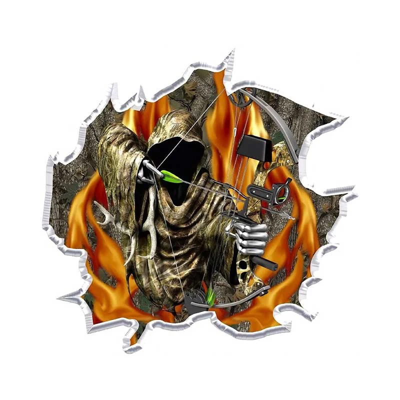 Ripped Forest Camo Flame Fire Grim Reaper Bow Hunter Camouflage Hood Vinyl Graphic Car Body Decal 3D Stupeľníky auta