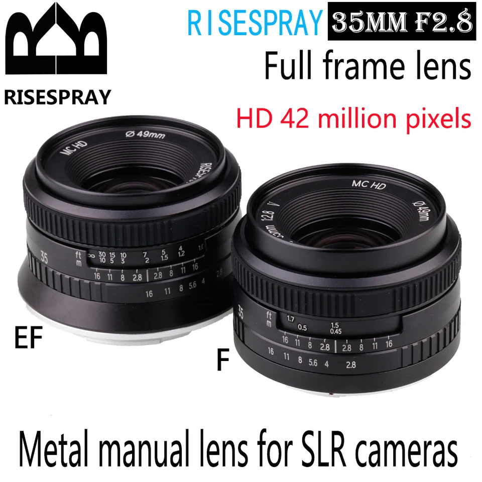Risepray 35 mm f2,8 kovový manuálny široký obsah so širokým uhlom pevná šošovka HD 42 miliónov pixelov SLR objektív pre Canon EF pre fotoaparát Nikon F DSLR