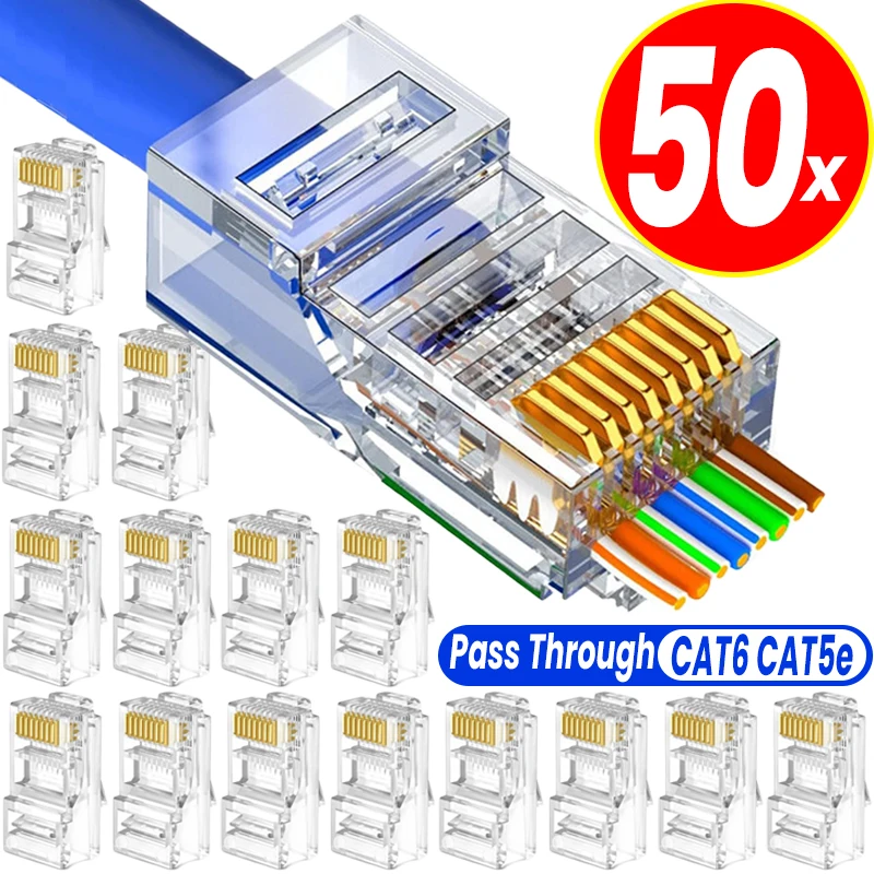 RJ45 CAT6 CAT5E PASS cez konektory Crystal End Gold-Plated 8p8c Crimp UTP Štandardný ethernetový sieťový kábel Modulárna zástrčka