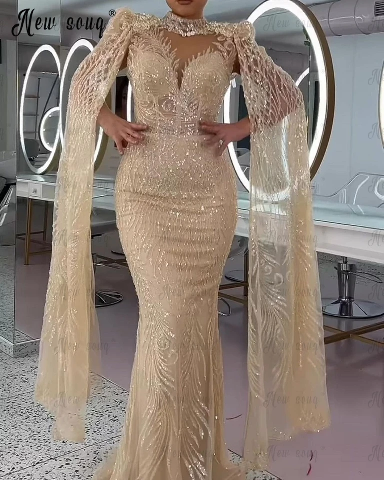 Robes de Soirée Light Champagne Mermaid Večerné šaty Ženy Long Cape Ruckve Svadobné šaty